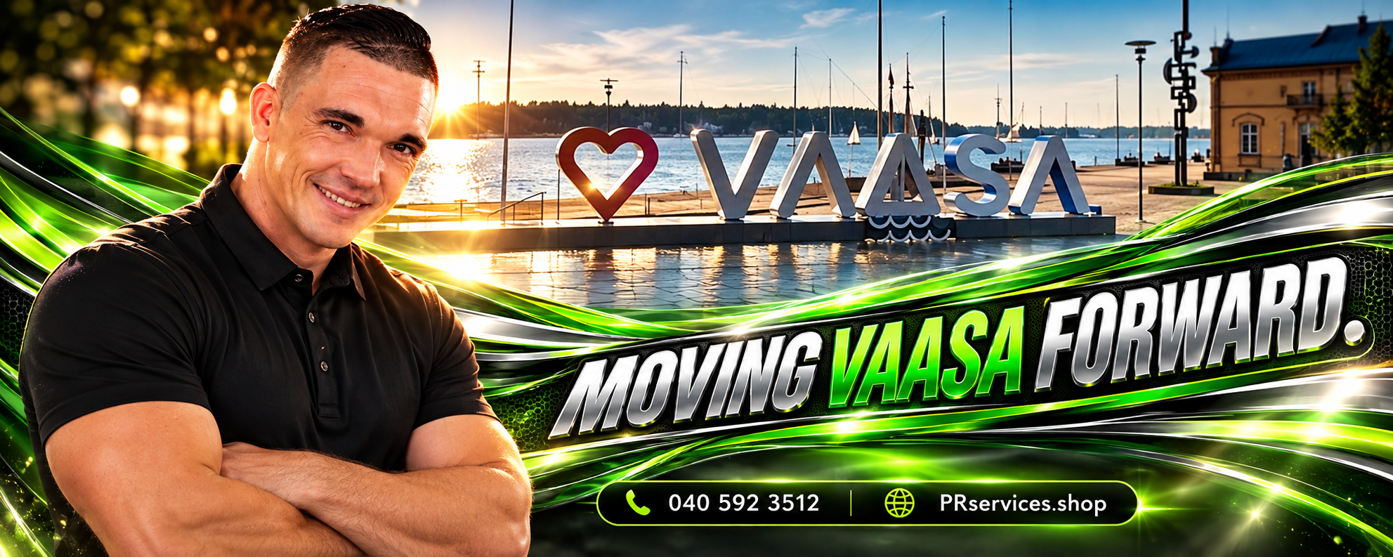 Black Prime Relocation van with neon green brand accents at a Finnish waterfront